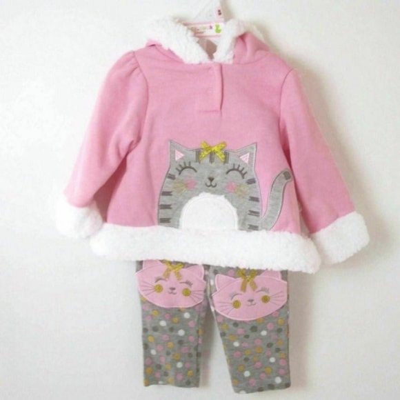 Baby Girl Winter Hoodie Outfit Warm Set 2 PC Cat Pink/Gray Duck.Duck.Goose Gift - Picture 2 of 11